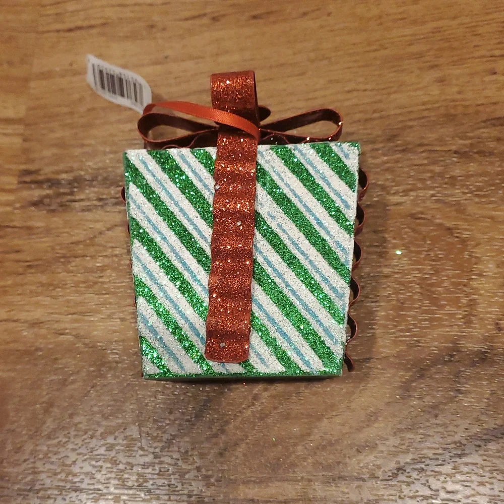 Ashland Glittery Red and Green Striped Gift Box Ornament